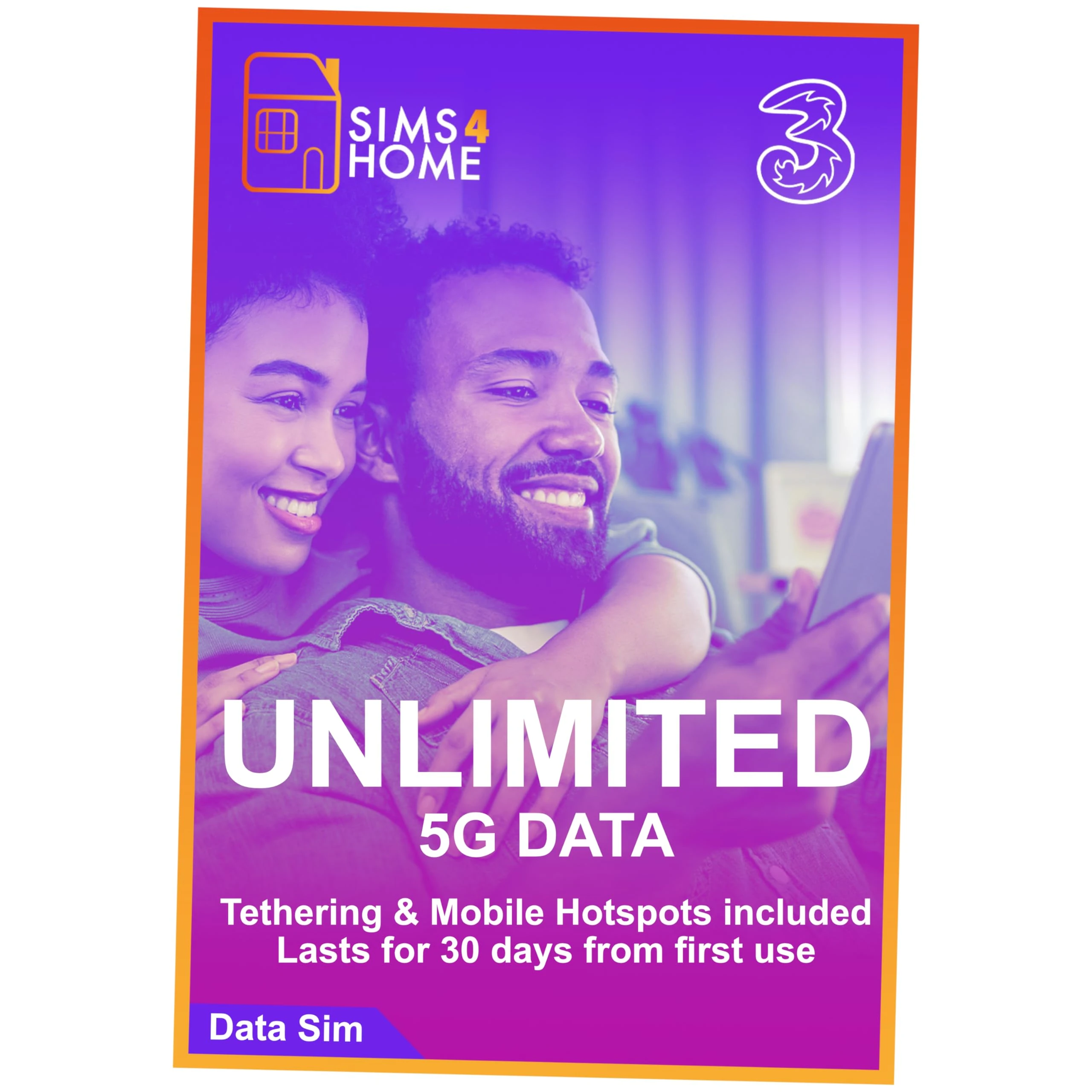 Three UK Data Sim Card Preloaded with UNLIMITED 4G/5G Data. No Contracts, No Commitments, No Credit Checks, No Tie-ins, No Personal ID. (Valid for 1 Month)