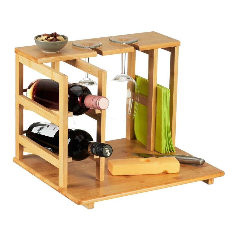 Relaxdays Bamboo Cheese Board, HxWxD: 26.5 x 40.5 x 33 cm, Serving Platter with Wine Rack, Party Napkin Holder, Natural