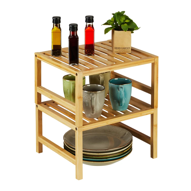 Relaxdays Cupboard Insert, 2X Set, Bamboo, HxWxD: 20 x 35.5 x 30.5 cm, Shelf Rack for Worktop & Kitchen Cabinet, Natural