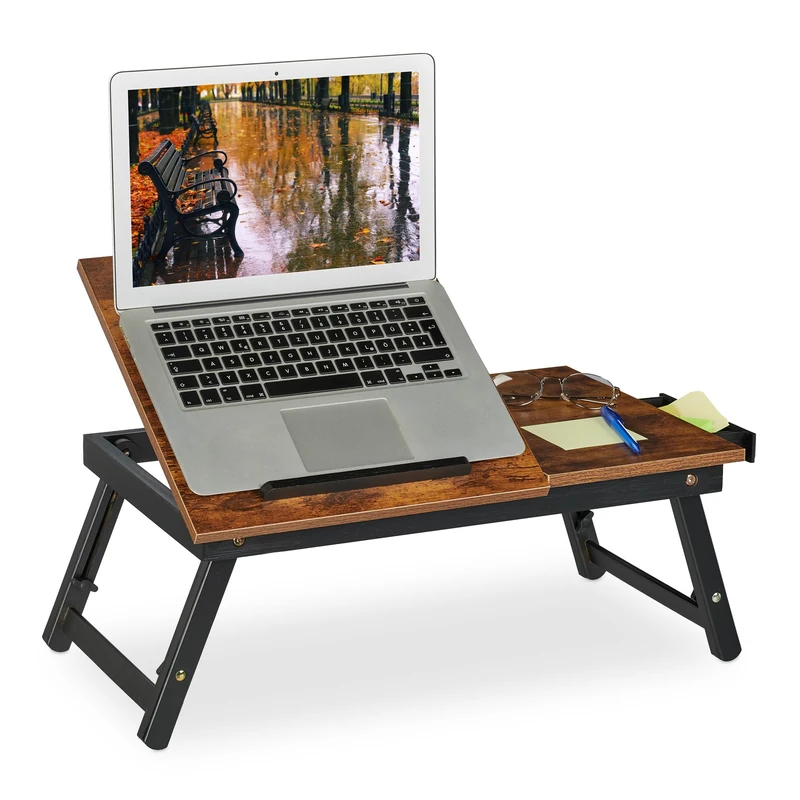 Relaxdays Stand, Couch, Foldable Bed Table, Laptop Riser, Height-Adjustable, Bamboo, Dark Brown/Black, 32 x 35 x 69 cm