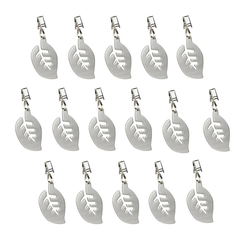 Relaxdays Tablecloth Weights, Set of 16, Leaf Design, Paperweight, Curtain Pin Clip, Cinch Grip, Stainless Steel, Silver, 9.5 x 4.5 x 4.5 cm