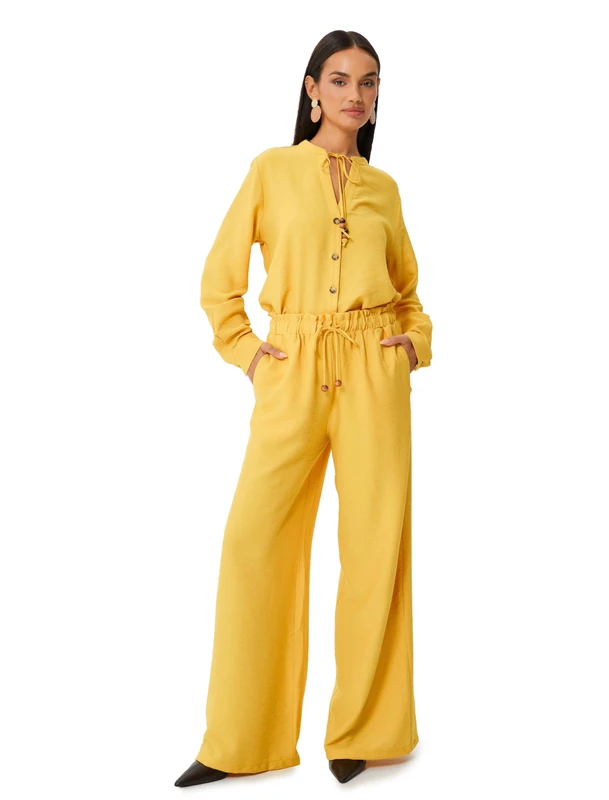 Koton Women's Wide Leg High Rise Elastic Waist Palazzo Pants Shorts, Mustard(180), 36 - Image 1