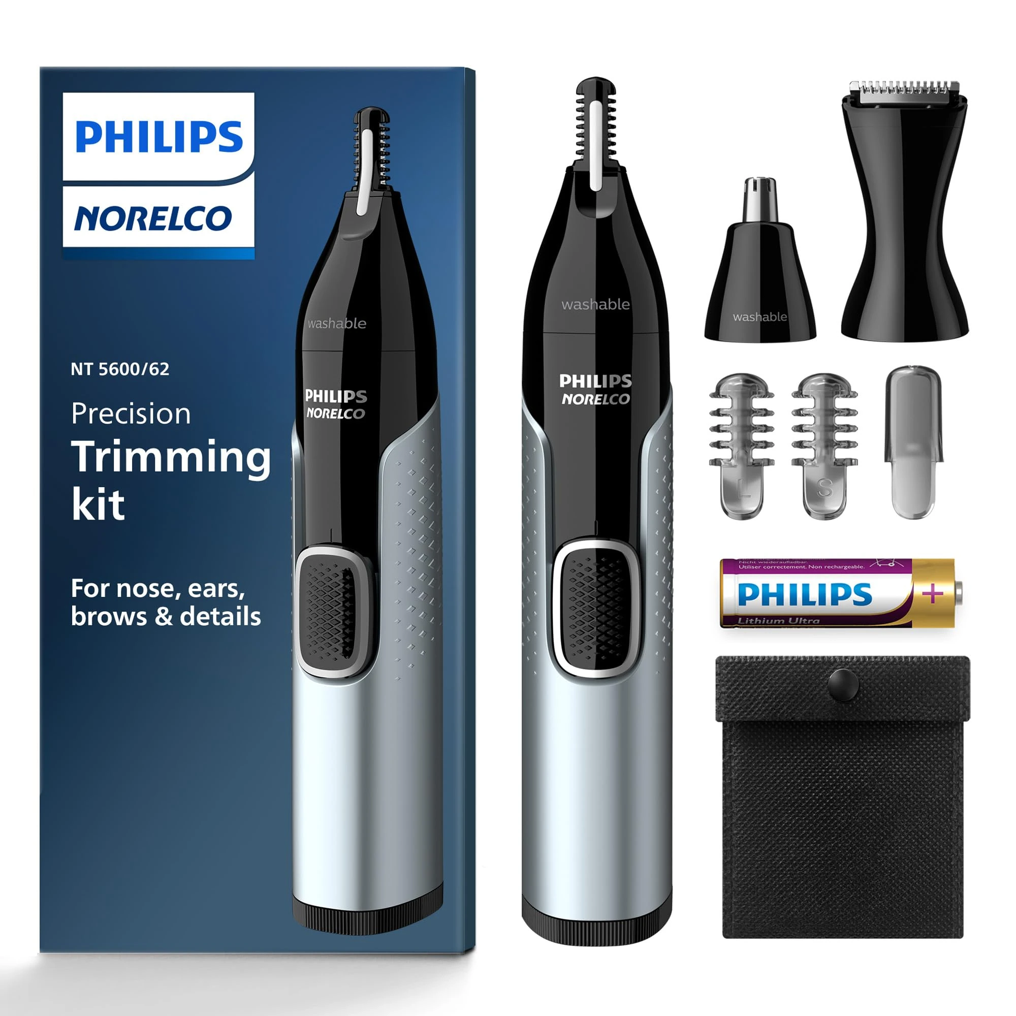Philips Norelco Nose Trimmer 5000 for Nose, Ears, Eyebrows Trimming Kit, NT5600/62, Black/Silver