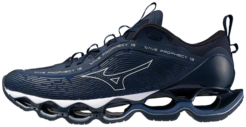 Mizuno Mens Wave Prophecy 13 Running Shoe, Navy Peony/White, 8 UK