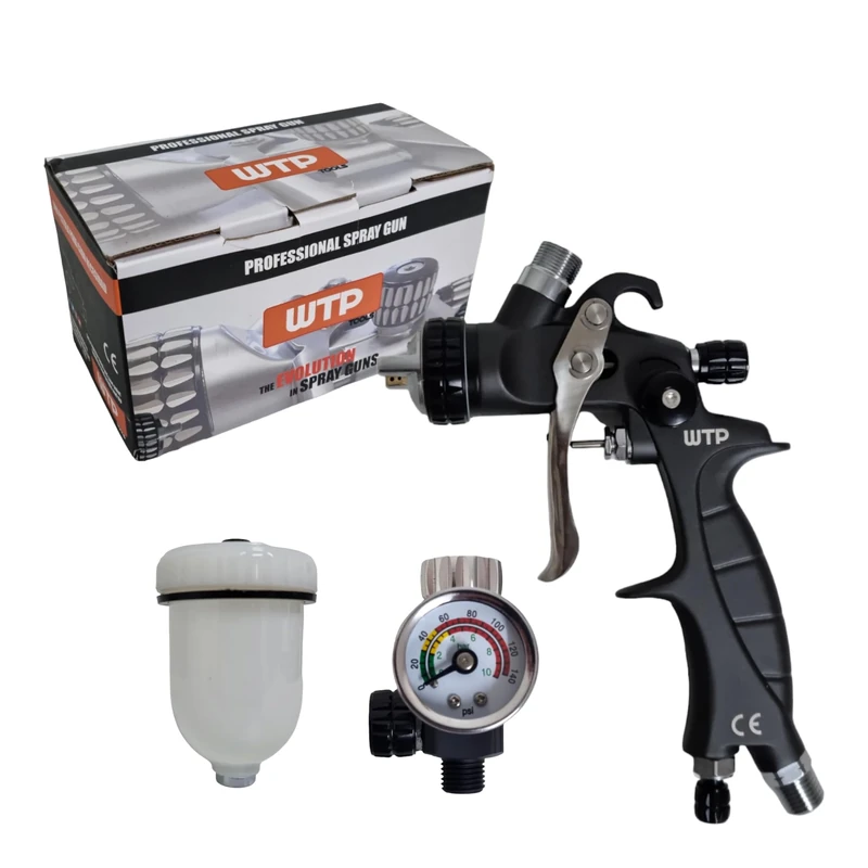 WTP TOOLS Professional Spray Paint Gun Mini PRO 1.2 HVLP 150cc Plastic Cup - Touch Up Spot Repair Blending Clear Coat Base Color Automotive + Air Regulator
