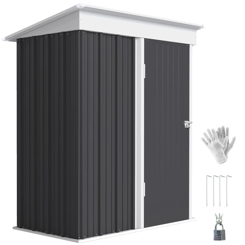 Outsunny 5x3ft Garden Shed, Steel Small Shed, Outdoor Lean-to Shed with Adjustable Shelf, Lock and Gloves for Patio, Garden, Dark Grey with Foundation Kit