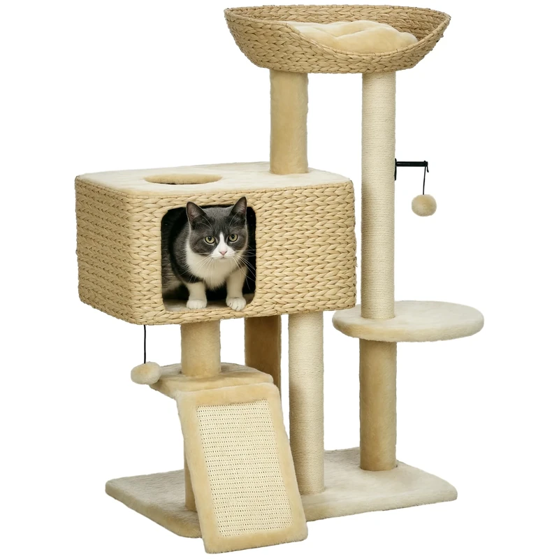 PawHut 95cm Cat Tree Tower w/Scratching Post, Cat House, Ball, Platform - Beige