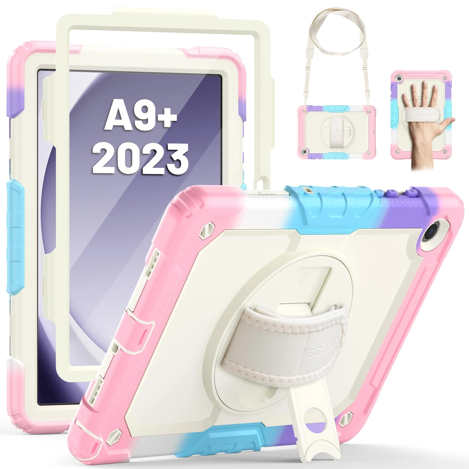 SEYMAC Case for Samsung Galaxy Tab A9 Plus 11 inch 2023, Shockproof Protective Galaxy A9 Plus Tablet Case With Screen Protector/Hand Strap/Rotating Stand,SM-X210/SM-X216/SM-X218 Case, Pink