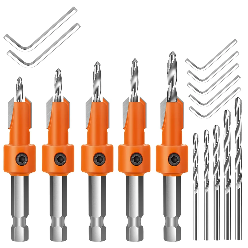 Hex Countersink Drill Bit, Lytool 5Pcs Quick Change 6.35mm Adjustable Hex Countersink Drill Bit Set, Include 5Pcs Free Replaceable Drill Bits, for Woodworking Counter sink Drill Bits