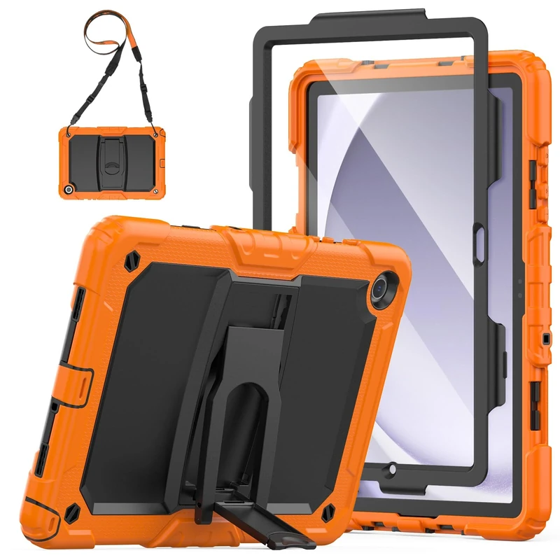 SEYMAC Shockproof Case for Samsung Galaxy Tab A9 Plus 11 Inch 2023 with Screen Protector, Foldable Stand, Shoulder Strap, [3-Lay Protective] Samsung A9+ Tablet Case (SM-X210/SM-X216/SM-X218), Orange