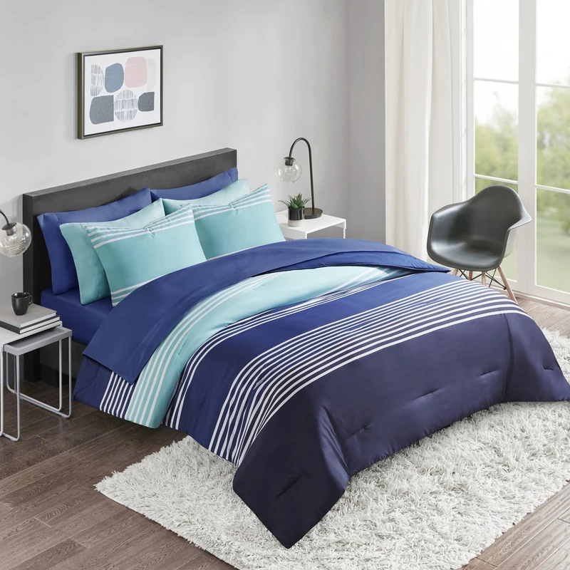 Comfort Spaces College Dorm Room Essentials, Complete Dormitory Bedroom Pack and Sheet with 2 Side Pockets, Polyester, Navy, Full - Image 1