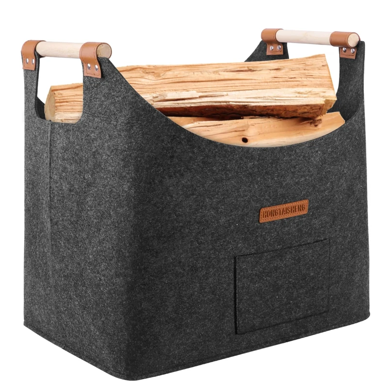 XL Log Baskets felt Bag extra thick felt and reinforced handle | Log Baskets for Wood Burner Indoor & shopping, wood, newspaper or firewood (Black)