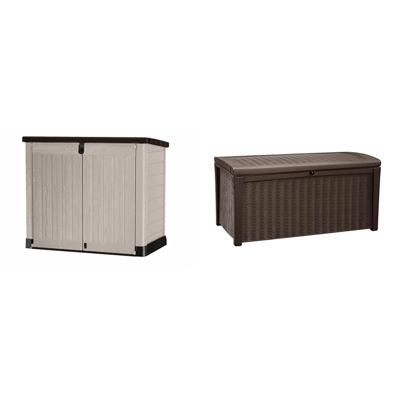 Keter 250001 Store It Out Pro Outdoor Storage Shed, 145.5 x 82 x 123cm Beige/Brown & Borneo 416L Outdoor 60% recycled Garden Furniture Storage Box Brown Rattan Effect