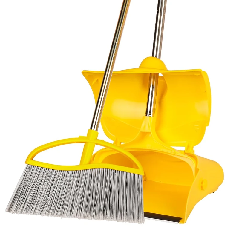 Long Handle Heavy Duty Broom and Dustpan Set, Outdoor and Commercial Upright Dustpan and Brush for Restaurant Garage Garden Yard Office, Yellow
