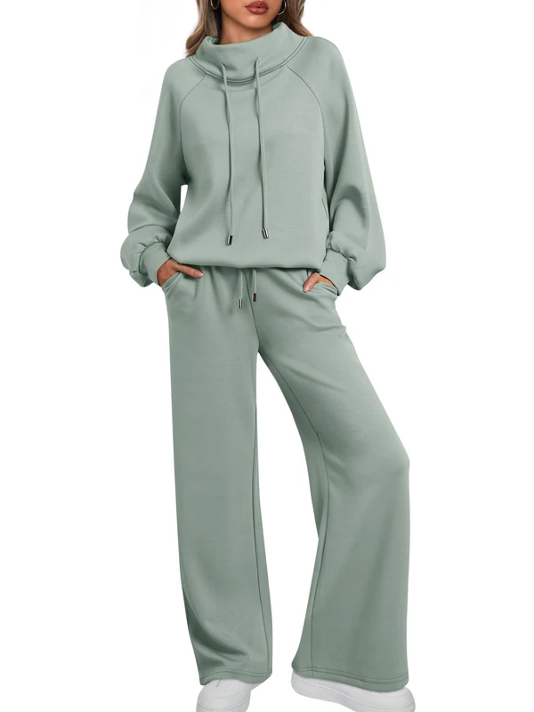 AUTOMET Lounge Sets for Women Sweatsuits 2 Piece Outfits 2024 Fall Drawstring Sweatshirt Wide Leg Sweatpants Tracksuit, Sagegreen, Medium