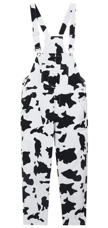 KACAOAC Women's Casual Cow Print Bib Overalls Cotton Pocketed Wide Leg Pants Jumpsuits, Black White, XXS