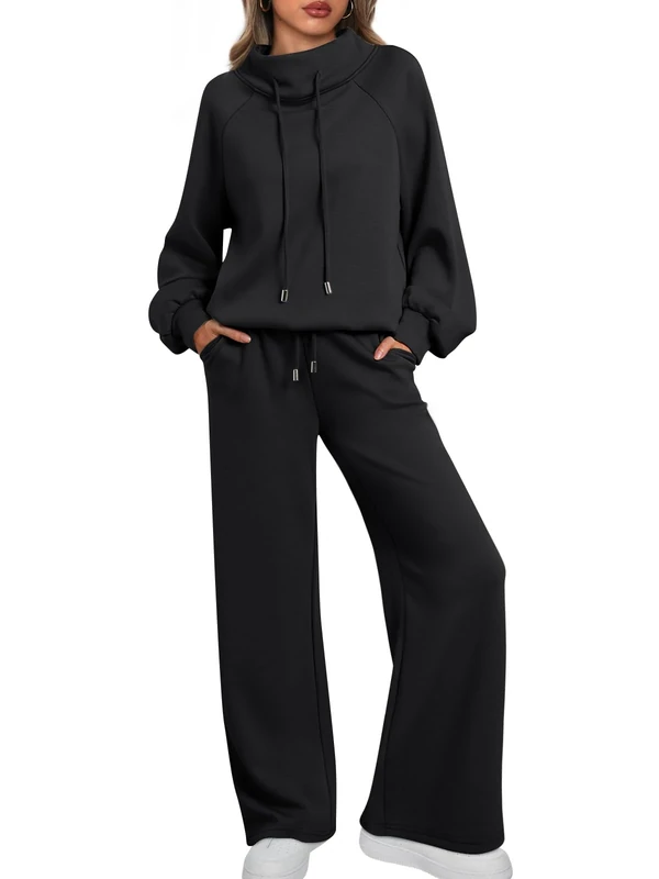 AUTOMET Lounge Sets for Women Sweatsuits 2 Piece Outfits 2024 Fall Drawstring Sweatshirt Wide Leg Sweatpants Tracksuit, Black, Medium