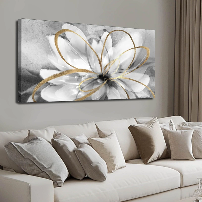 SOUGUAN Room Decor Aesthetic Lotus Flower Wall Decor Line Artwork White Plant Paintings for Bedroom Kitchen Living Room Home Wall Decor 20x40 Inch