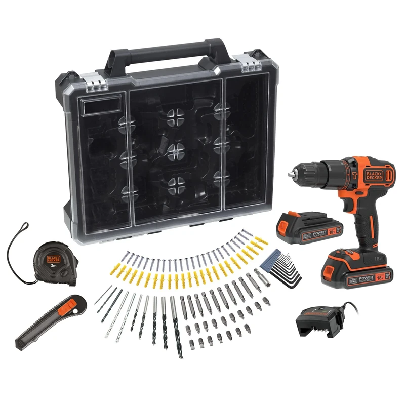 BLACK+DECKER BDCHD18D2AB-QW 18V Hammer Drill with 2 x 2.0Ah Batteries, 400mA Charger and 100 Accessories in a Storage Box