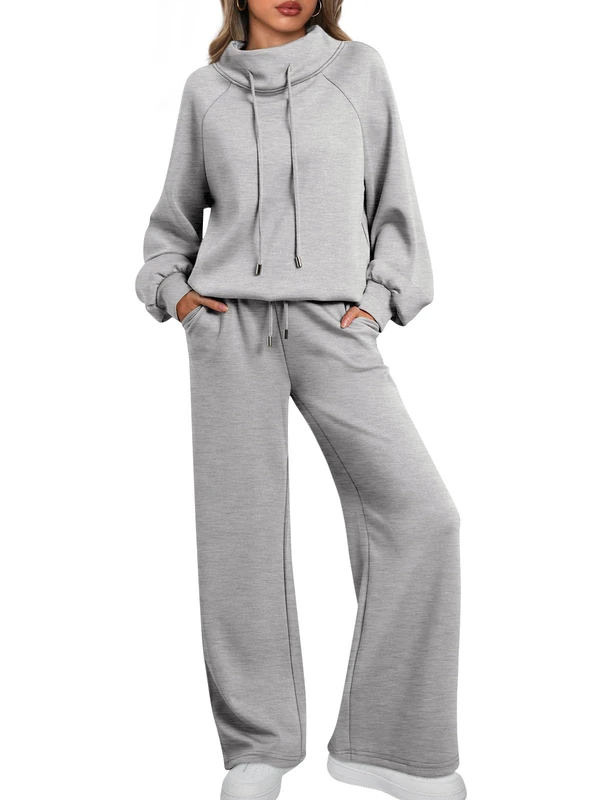 AUTOMET Lounge Sets for Women Sweatsuits 2 Piece Outfits 2025 Fall Drawstring Sweatshirt Wide Leg Sweatpants Tracksuit, Grey, X-Large - Image 1