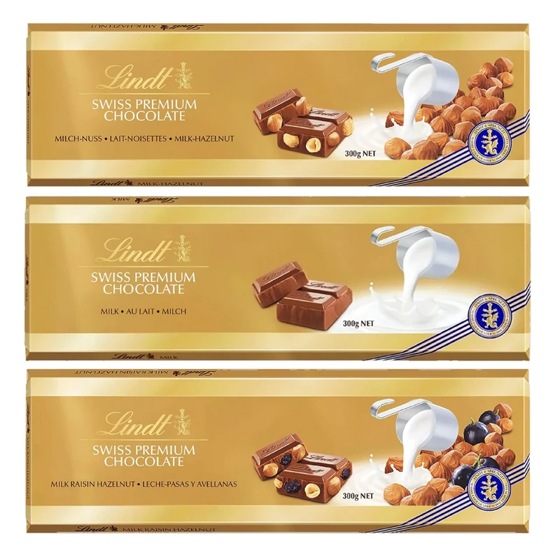 Swiss Lindt Chocolates Bars Bulk Buy - Luxury 3 x 300g Irresistible Smooth Hazelnut, Milk Bar & Hazelnut - Raisins Golden Milk Chocolate Bars for Chocolate Hamper, Birthday Gifts with Topline Card