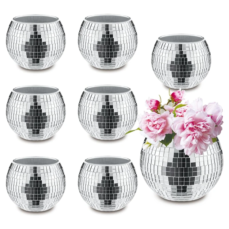 8 PCS Silver Disco Ball Vase,Glass Disco Ball Planter Candle Holder Vase Bulk Mirror Disco Ball Flower Vase for Wedding Centerpieces,Birthday,Office,Bedroom