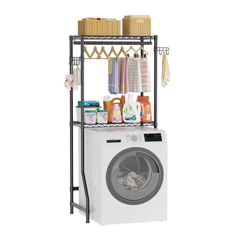 Golpart Over Washer and Dryer Shelves,2 Tier Adjustable Height Wire Shelving Laundry Room Storage Organization Clothes Drying Rack with Hanger Rod&Hooks,Space Saving Organizers Shelf,Black