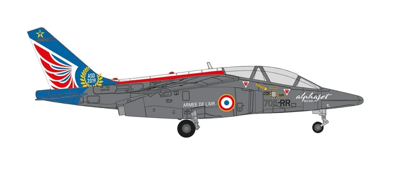 Herpa airplane model French Air Force Alpha Jet E – 705-RR on a scale of 1 : 72, metal miniature with pedastal, model building, collectors edition