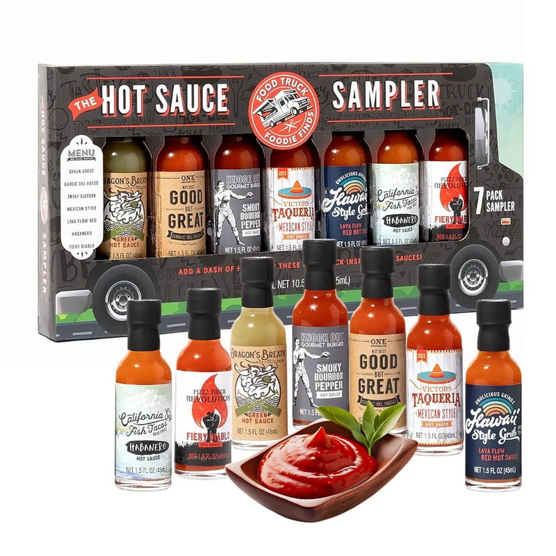 Hot Sauce Gift Set for Mens Gifts - Food Truck Chilli Hot Sauce Set of 7 Street Food Sauce Bottle Heat Pack. Great Christmas Gifts for Men, Stocking Fillers, BBQ Hot Dogs, Birthday Gifts for Women