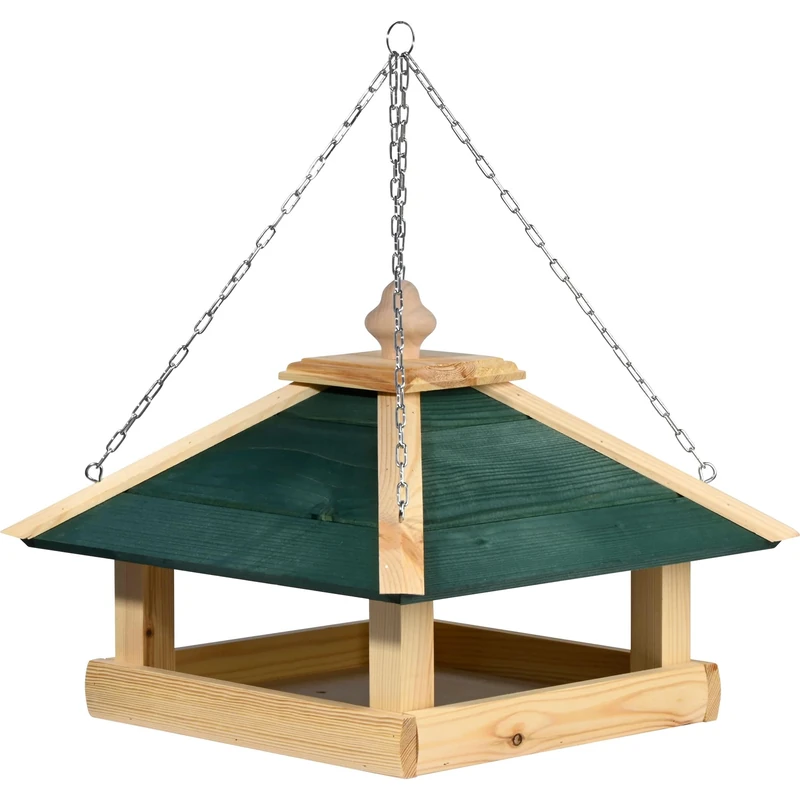 dobar® Green Label Narsaq Large Bird Feeder with Chain for Hanging - Bird House with Wooden Roof - Feeding Station for Wild Birds - 39 x 39 x 30 cm - Green