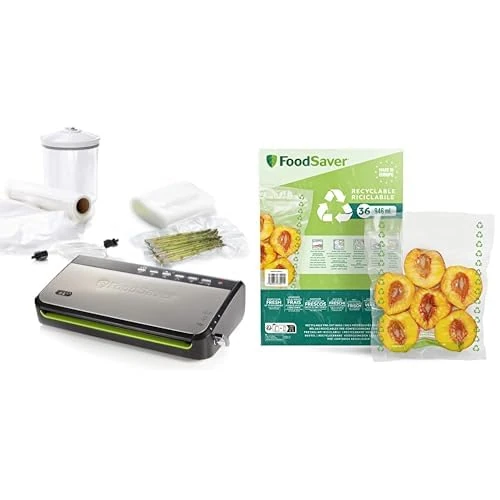 Foodsaver Food Vacuum Sealer Machine with Integrated Roll Storage | Bag Cutter and Delicate Food Mode + FoodSaver FSBE4802X-01 Vacuum Sealer, Plastic Nylon, Recyclable Bags