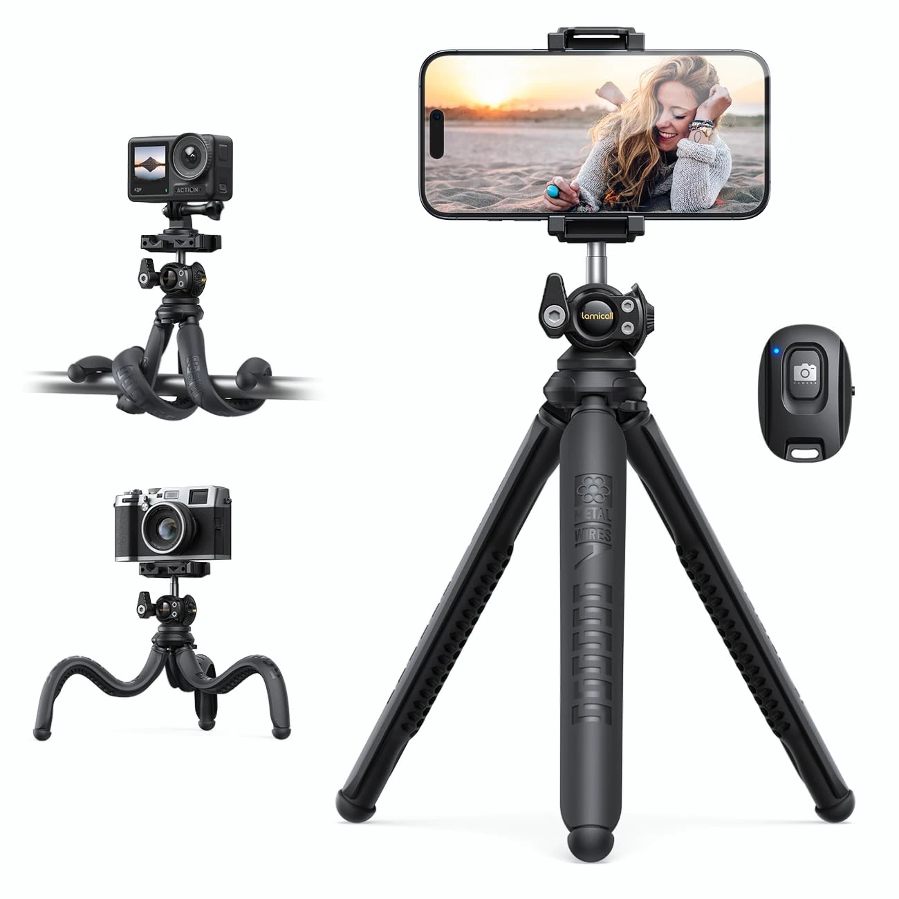 Lamicall Mobile Phone Tripod, Flexible Camera Tripod - Mini Cellphone Tripod Stand Holder, 360° Rotating Travel Smartphone Tripods Mount for Live Streaming, Cellphone, Camera