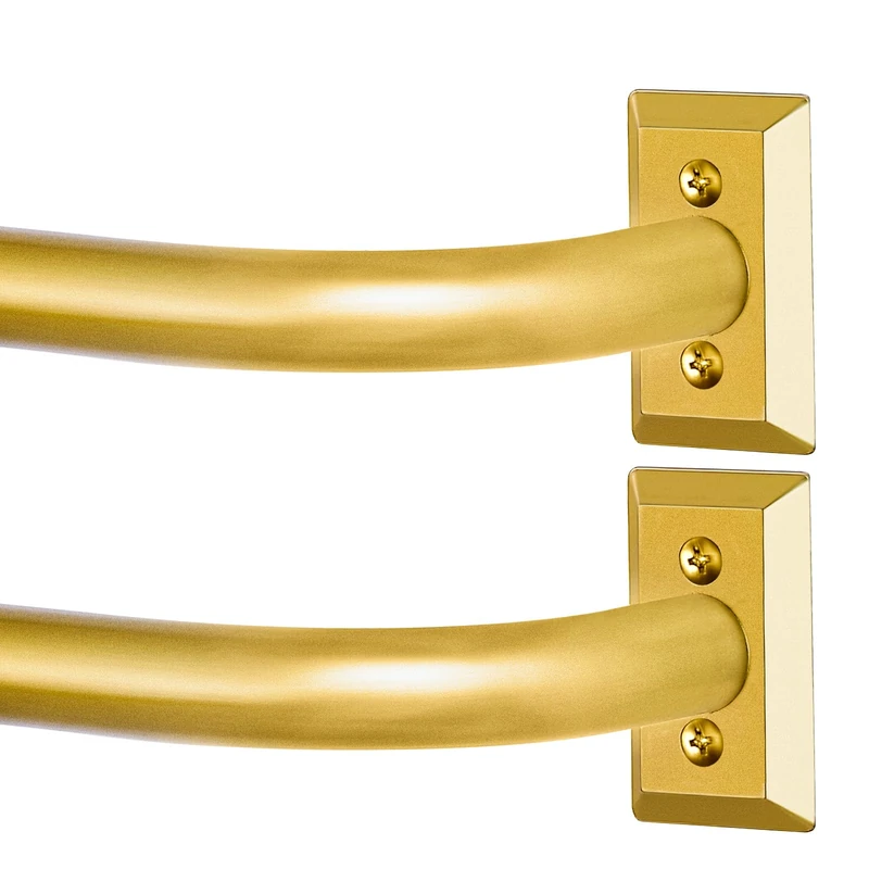 TVWOO Gold Wrap Around Curtain Rods 2 Pack:Blackout Adjustable Window Curtain Rod,Room Darkening Heavy Duty Curved French Metal Single Drapery Rods for Bedroom Kitchen Easy Install,Brass Gold 48-90"