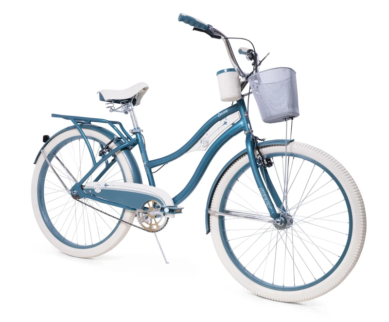 Huffy Deluxe Cruiser Women's Bike 26", Vintage Style Bike, Padded Seat, Bell, Basket, Matching Mudguards, Cup Holder - Emerald Green