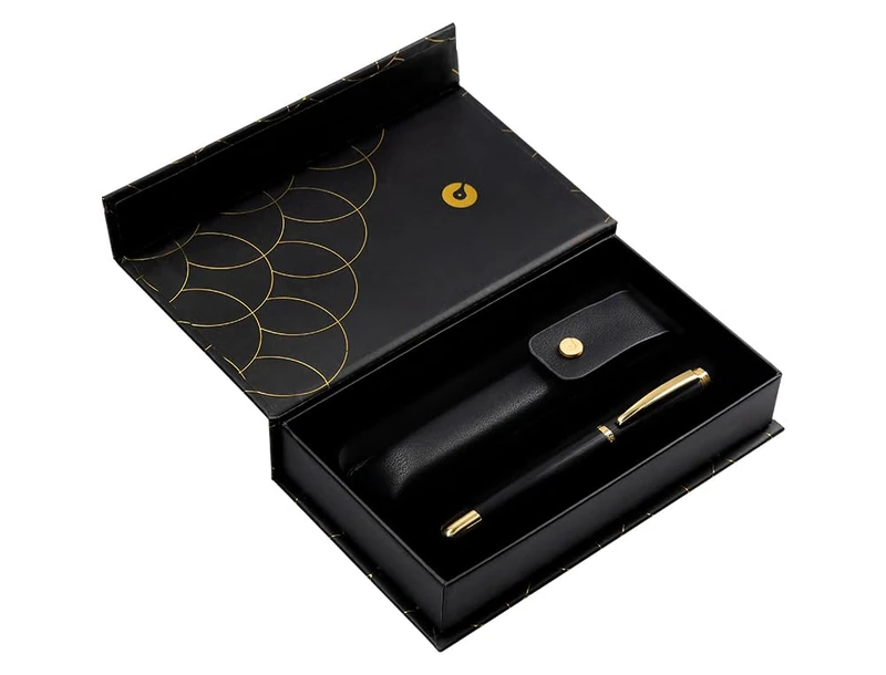 BELIUS Passion Dor Brushed Aluminium Texture Ballpoint Pen and Case Black and Gold Blue Ink Box Design