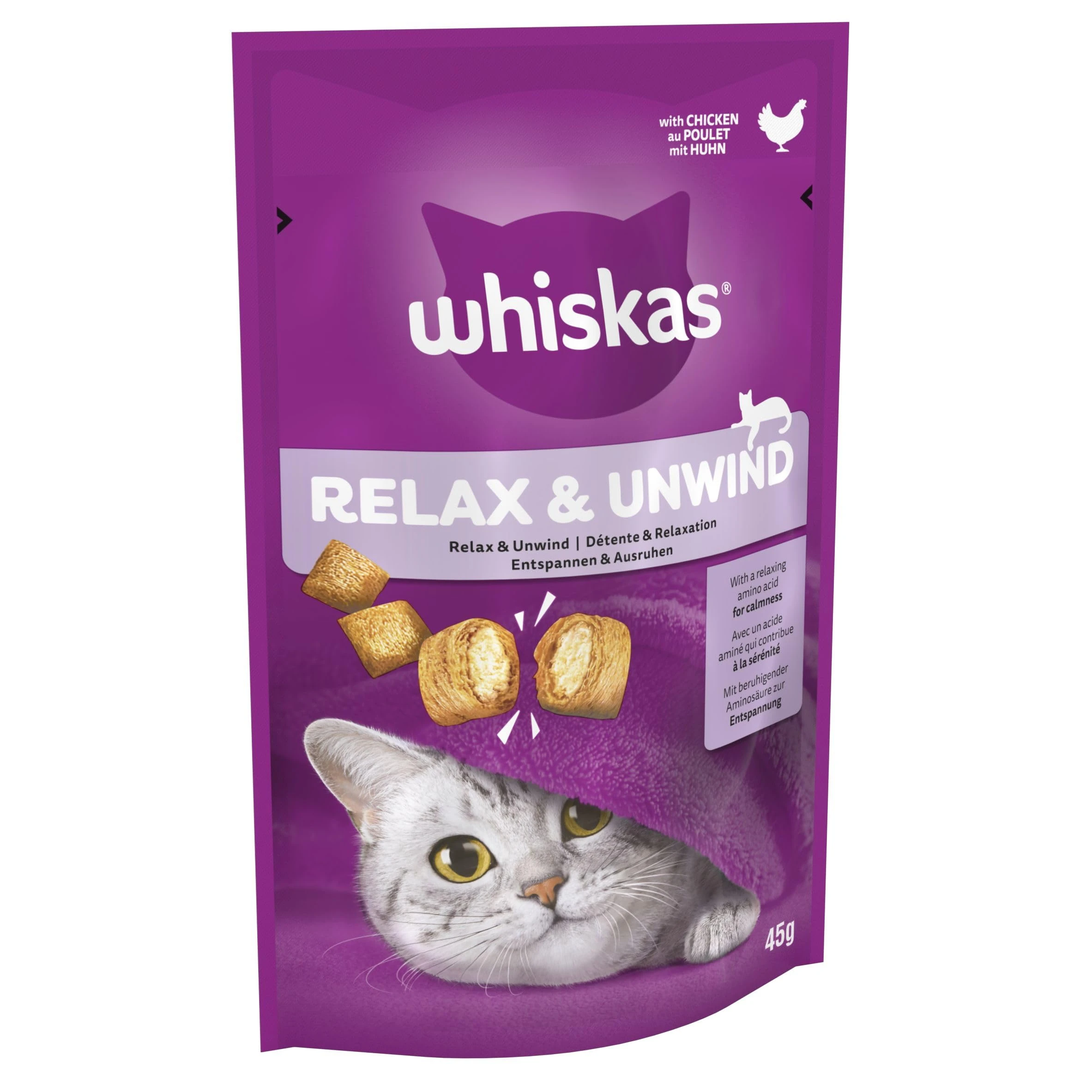 Whiskas Relax and Unwind - Cat Treats - Small Bite Size Snacks with Chicken Filling - 8 x 45 g