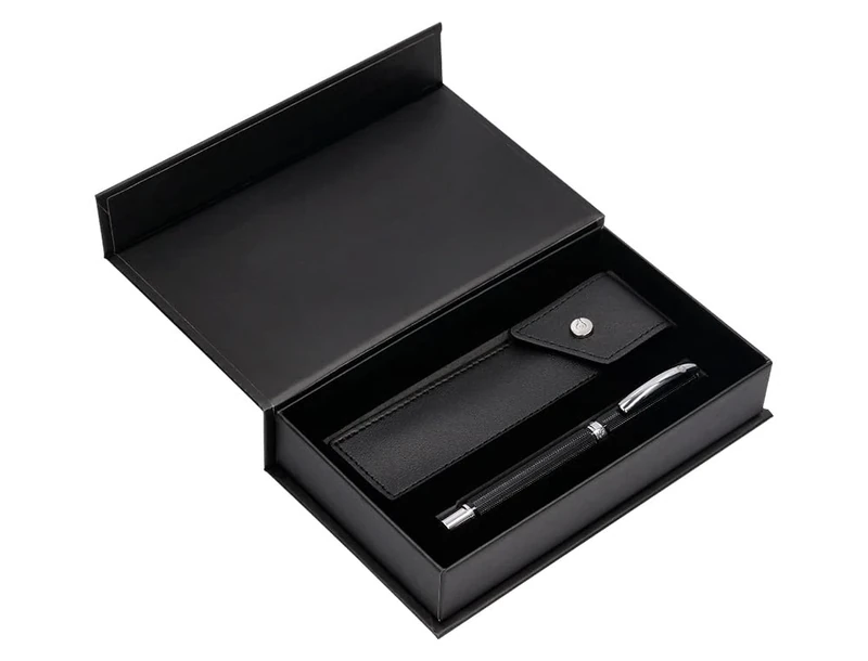 BELIUS PEN AND CASE TURBO ALUMINUM TEXTURE POINTED BLACK AND SILVER BLUE INK DESIGN BOX