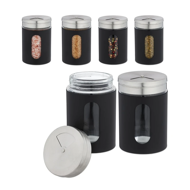 Relaxdays Spice Shaker, Set of 6, 3 Sprinkling Sizes, Seasonings & Herbs, Vol. 290 ml, Glass & Stainless Steel, Black