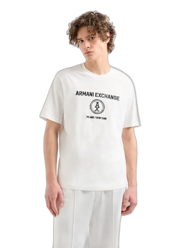 Armani Exchange Men's Stacked Ax Logo with Circle Regular Fit Tee T-Shirt, Off White, M