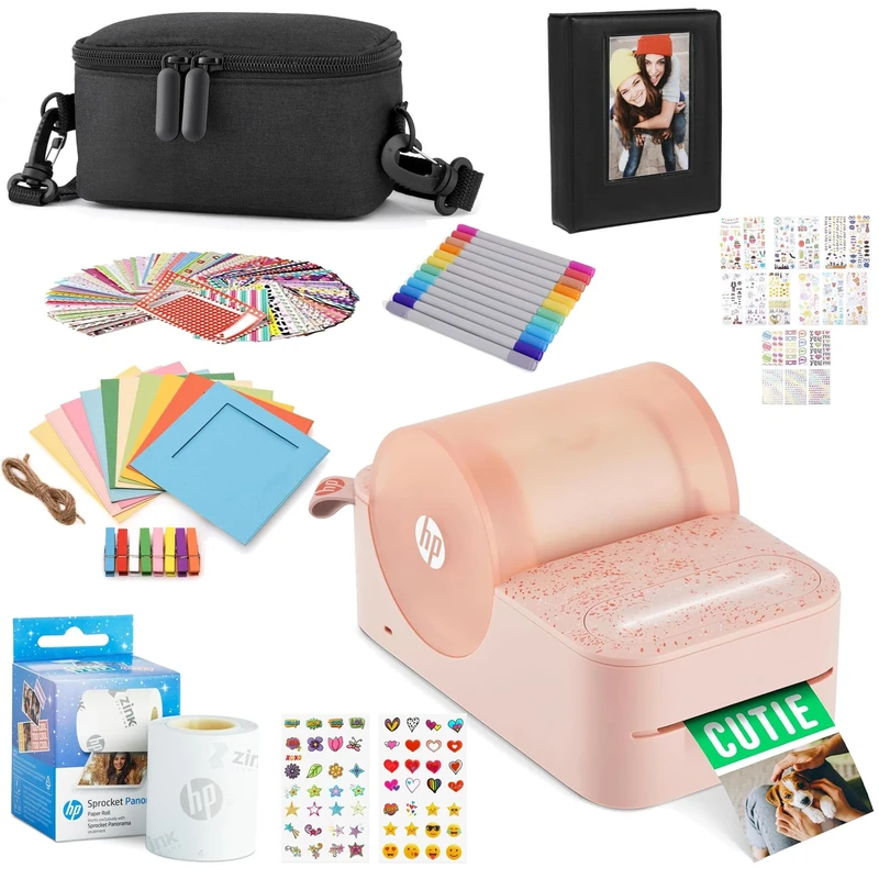 HP Sprocket Panorama Instant Portable Color Label & Photo Printer (Pink) Gift Bundle with case, Zink roll, Photo Album, Markers, Stickers and Frames
