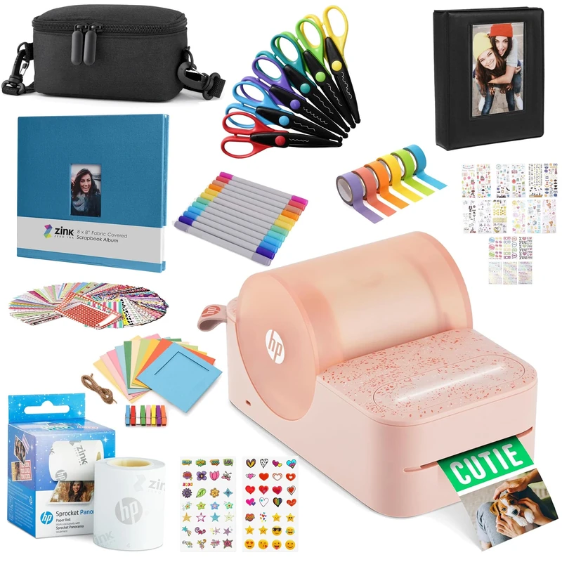 HP Sprocket Panorama Instant Portable Color Label & Photo Printer (Pink) Craft Bundle with case, Zink roll, photo album, markers, scissors, tape, stickers and frames - Image 1