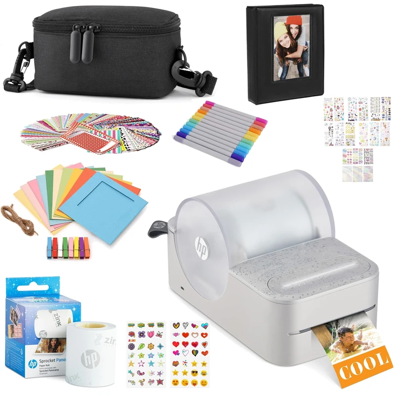 HP Sprocket Panorama Instant Portable Color Label & Photo Printer (Grey) Gift Bundle with case, Zink roll, Photo Album, Markers, Stickers and Frames