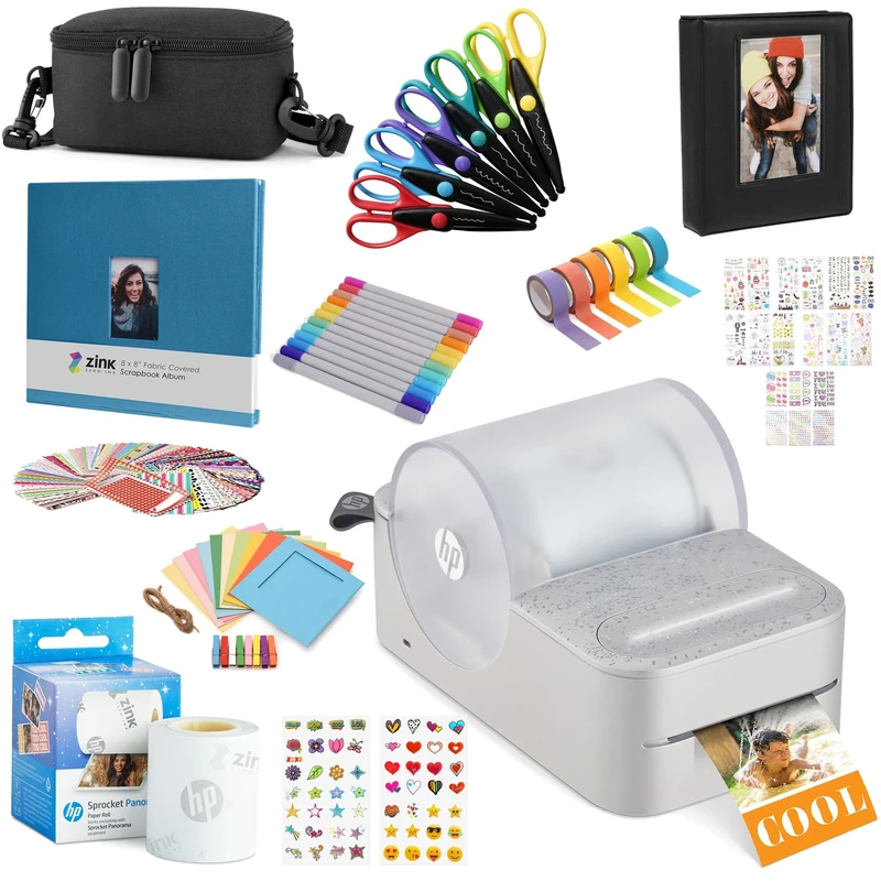HP Sprocket Panorama Instant Portable Color Label & Photo Printer (Grey) Craft Bundle with case, Zink roll, photo album, markers, scissors, tape, stickers and frames