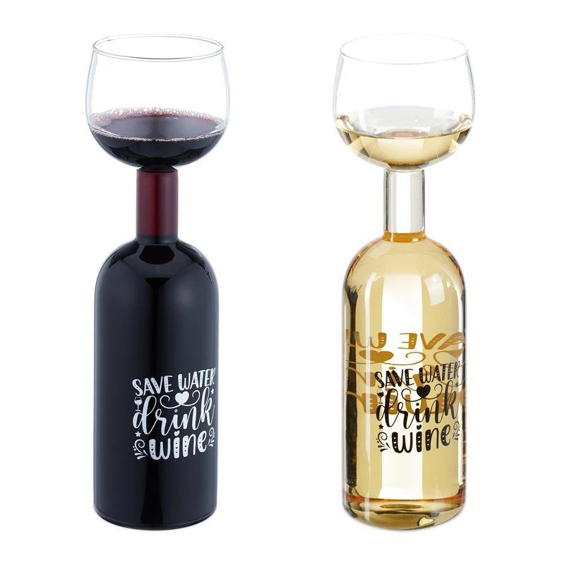 Relaxdays Bottle Glass, Fun Gift with Save Water Drink Wine Inscriptions in Black & White, Volume 750 ml, Transparent, 29.5 x 8.5 x 8.5 cm