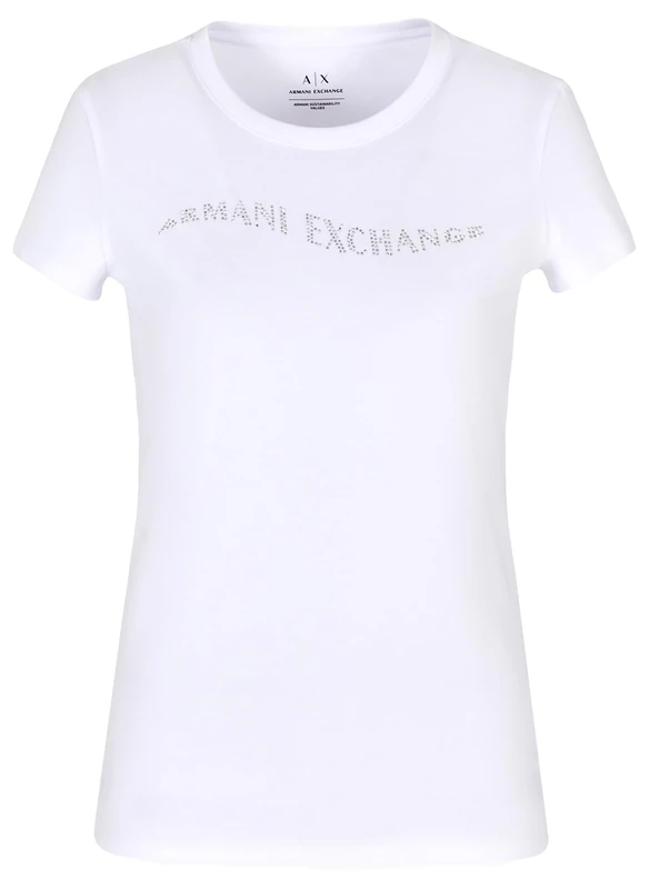 Armani Exchange Women's Slim Fit Embellished Wave Logo Tee T-Shirt, White (Optic White), XL