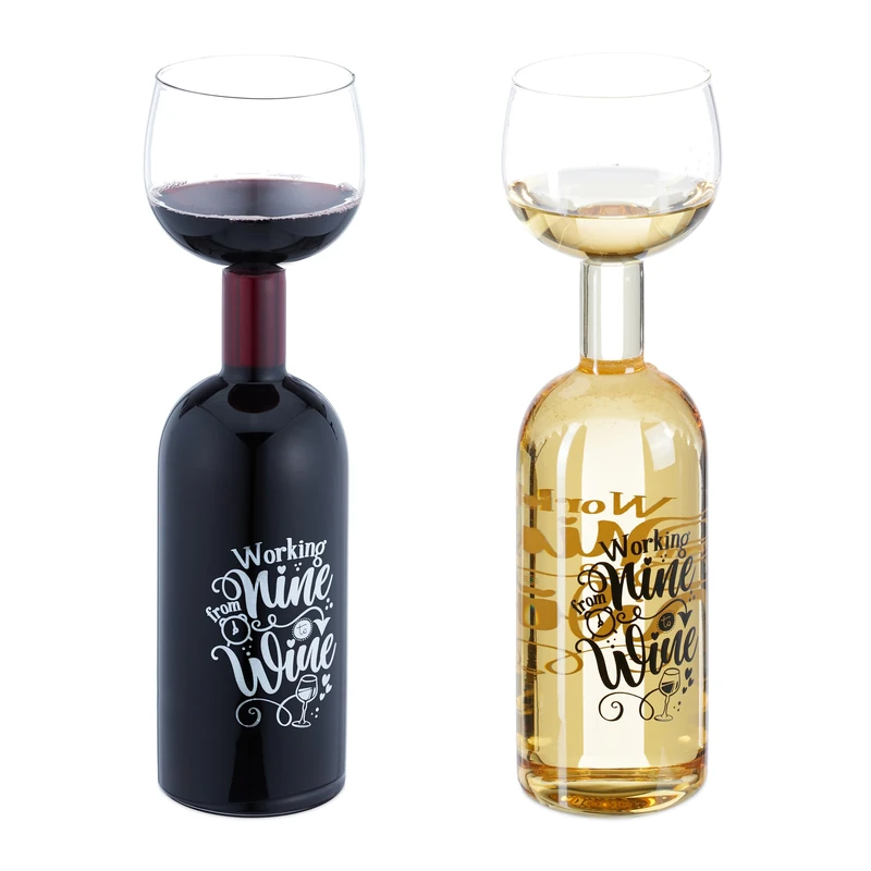 Relaxdays Bottle Glass, Fun Gift, Working from Nine to Wine Inscription in Black and White, Vol. 750 ml, Transparent, 29.5 x 8.5 x 8.5 cm