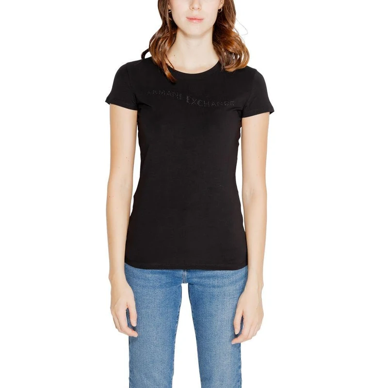 Armani Exchange Women's Sustainable, Slim Fit, Distrorted Studded Logo T-Shirt, Black, XS, Black, XS