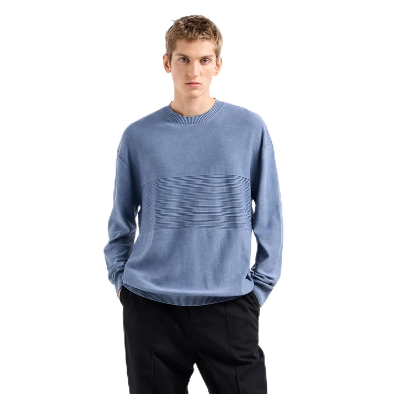 Armani Exchange Men's Comber Cotton with Horizontal Stripe Pullover Sweater, Flint Stone, M - Image 1