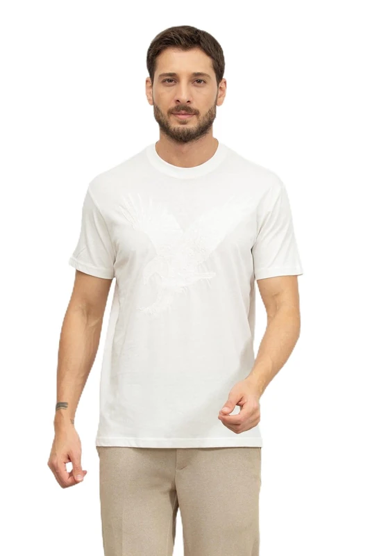 Armani Exchange Men's Large Embroidered Eagle Regular Fit Cotton Jersey T-Shirt, Off White, L