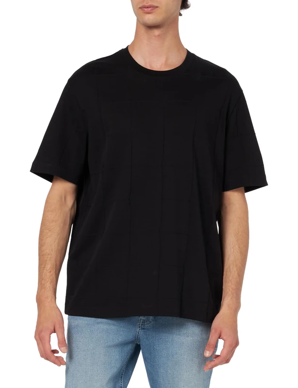 Armani Exchange Men's Jacquard Grid with Vertical Stacked Ax Logos Oversized Fit Tee T-Shirt, Black, S